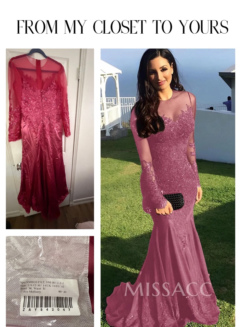 Missacc Dusty Rose Long-Sleeve Lace Mermaid Dress